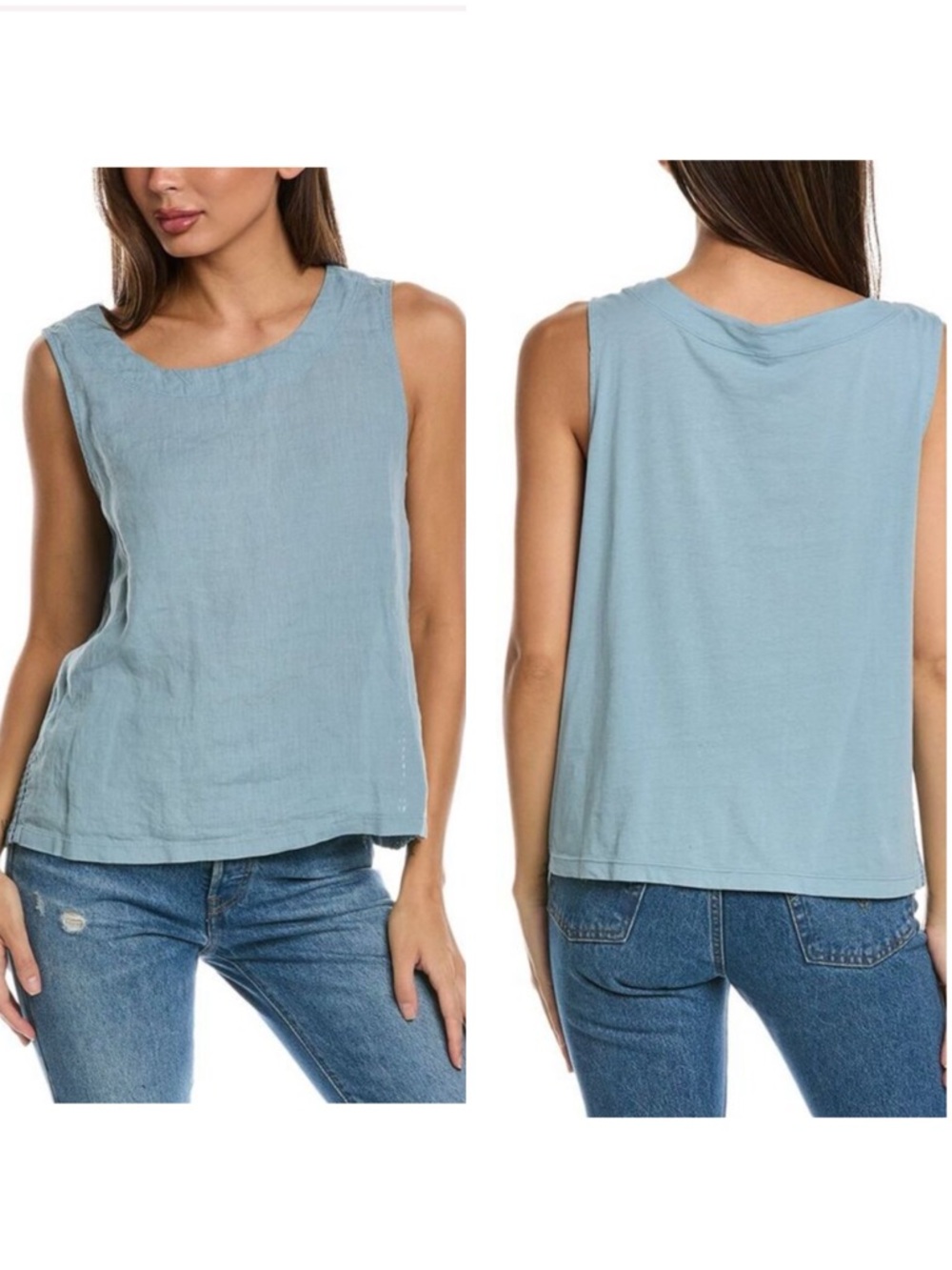XCIV Women’s Size S Blue Linen Cotton Relaxed Fit Tank Top Crochet Side Detail